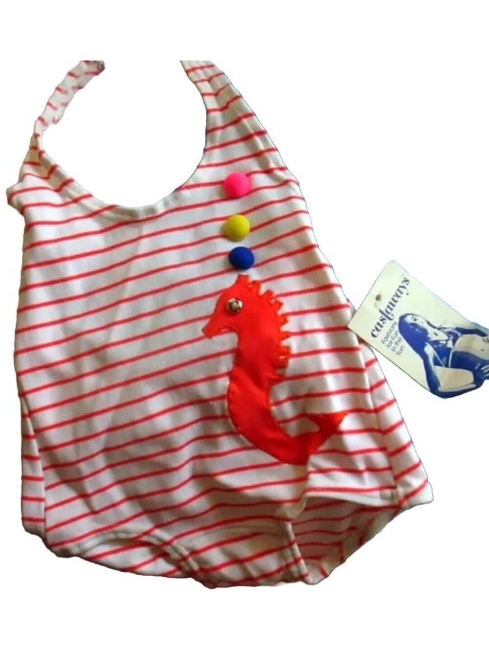 Castaways Toddler Girls Size 3 Red Striped Nylon Swimsuit With Seahorse Applique